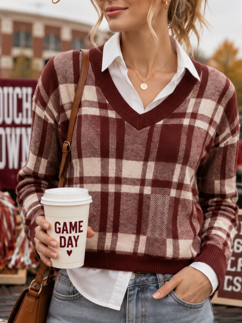 Christian Siriano Plaid V Neck Sweater Preppy Equestrian S | Fall Look